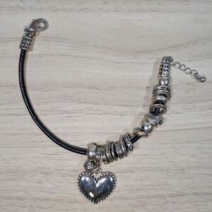 Black Leather Charm Bracelet Silver Beads Heart Charm Adjustable